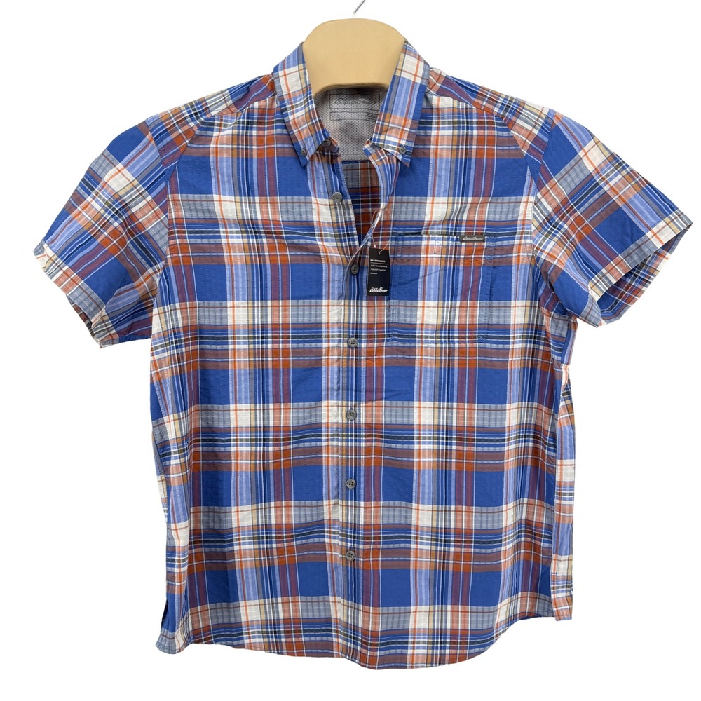 NEW Eddie Bauer Pack It Tech Seersucker Mens Large Button Down Blue Plaid UPF 40